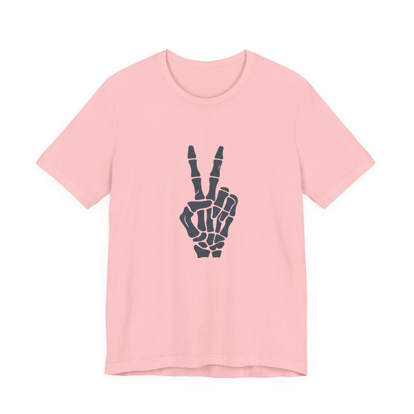 Skeleton Peace Hand Graphic T-Shirt – Gritty Dark Theme Grayscale Bones on Black Tee with Rebellious Calm and Modern Ghost Effect. Unisex Jersey Short Sleeve Tee