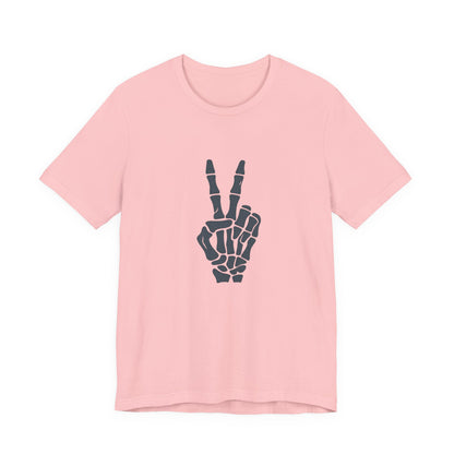 Skeleton Peace Hand Graphic T-Shirt – Gritty Dark Theme Grayscale Bones on Black Tee with Rebellious Calm and Modern Ghost Effect. Unisex Jersey Short Sleeve Tee