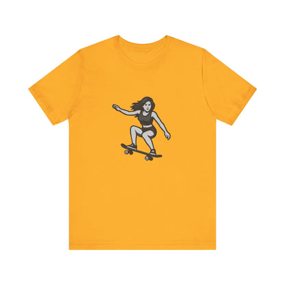 Skater Girl Graphic T-Shirt – Dark Theme Grayscale Skateboarding Design on Black Tee with Bold Motion and Modern Ghost Effect. Unisex Jersey Short Sleeve Tee