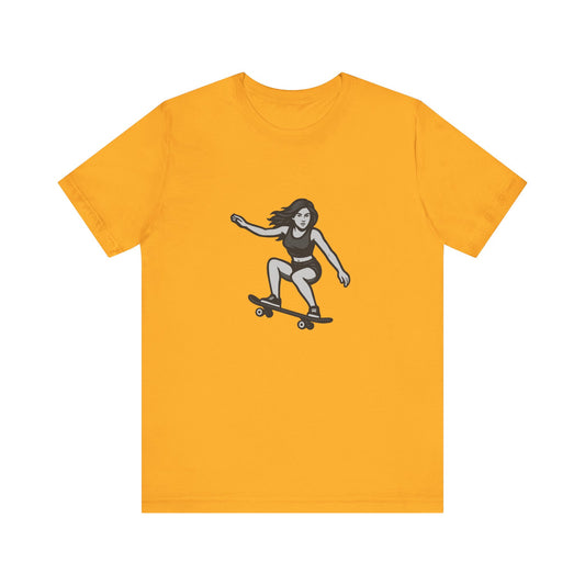 Skater Girl Graphic T-Shirt – Dark Theme Grayscale Skateboarding Design on Black Tee with Bold Motion and Modern Ghost Effect. Unisex Jersey Short Sleeve Tee