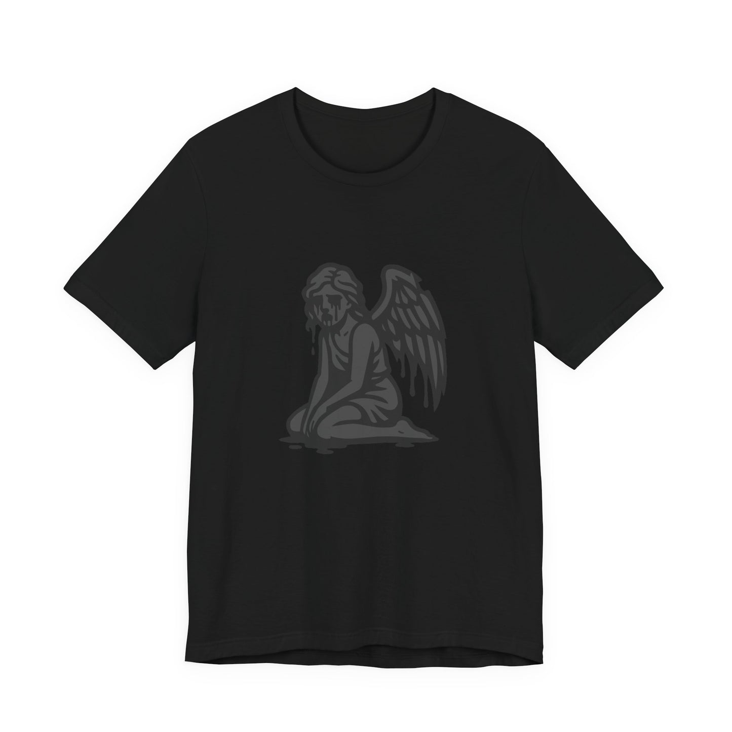 Fallen Angel Dark Theme Graphic T-Shirt – Dark Grayscale Crying Angel Design on Black Tee with Gothic Mood and Modern Ghost Effect. Unisex Jersey Short Sleeve Tee