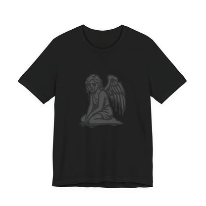 Fallen Angel Dark Theme Graphic T-Shirt – Dark Grayscale Crying Angel Design on Black Tee with Gothic Mood and Modern Ghost Effect. Unisex Jersey Short Sleeve Tee