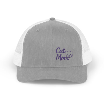 Cat Mom Trucker Hat – Embroidered Minimalist Cat Face Hat for Proud Pet Moms and Stylish Feline Fans. Purple Letters
