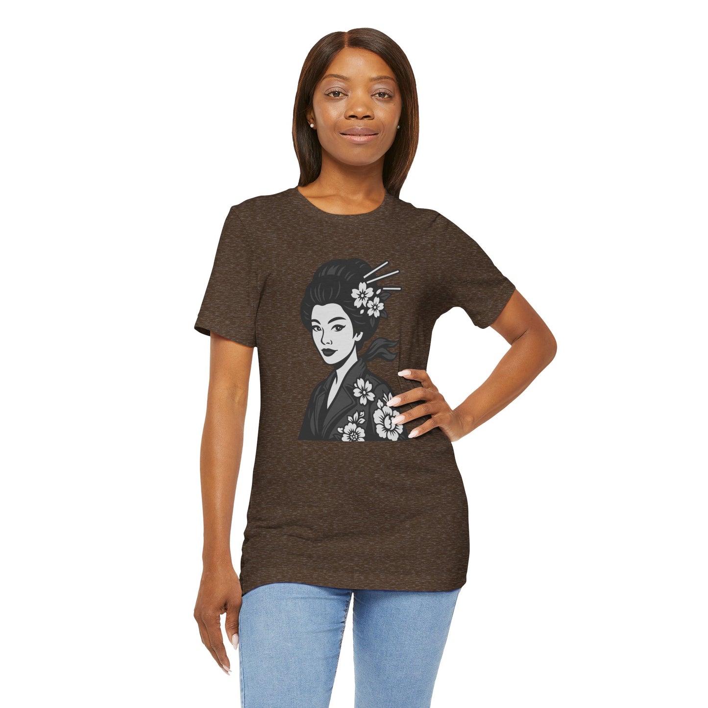 Floral Geisha Graphic Tee Dark Theme – Elegant Vector Portrait with Modern Ghost Effect