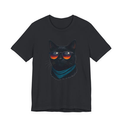 Cool Black Cat with Shades Graphic Tee Dark Theme – Retro Sunset Sunglasses Vector Design