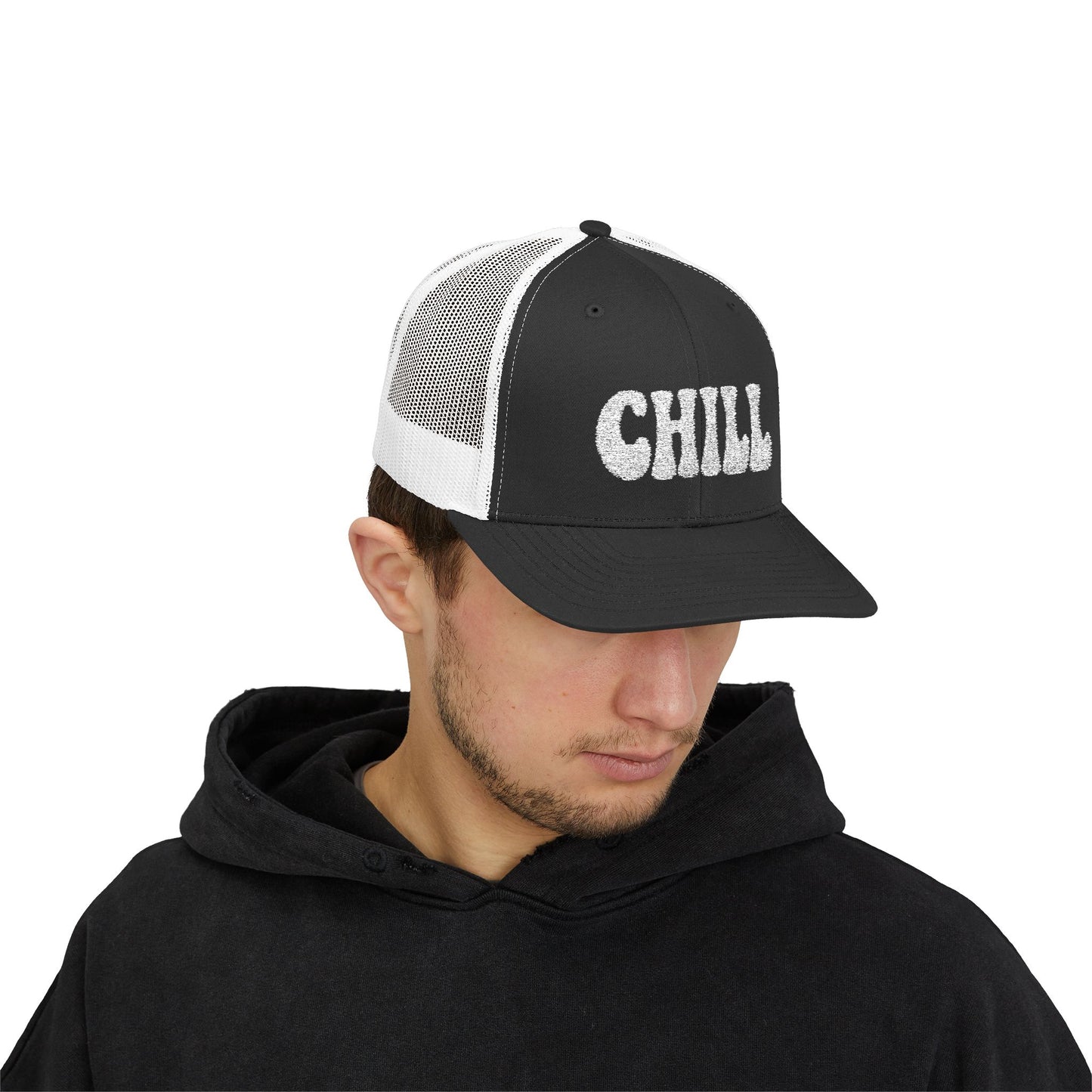 Chill Trucker Hat – Embroidered Relaxed Script Hat for Easygoing Vibes and Everyday Cool. White Letters