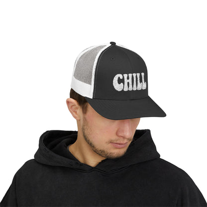 Chill Trucker Hat – Embroidered Relaxed Script Hat for Easygoing Vibes and Everyday Cool. White Letters