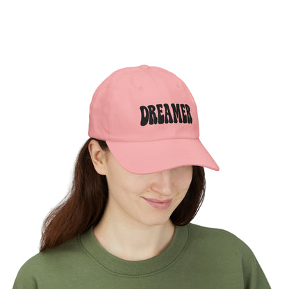 Dreamer Classic Dad Hat – Embroidered Minimalist Script Hat for Visionaries, Creatives, and Chill Daydreamers. Black Letters