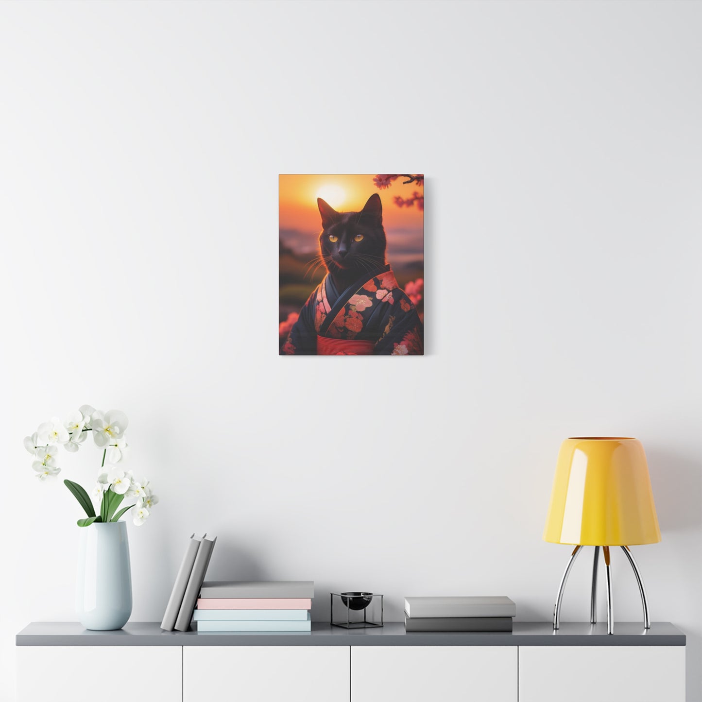 Zen Whiskers: Geisha Cat at Sunset Canvas Art | Stretched Matte Wall Decor 001