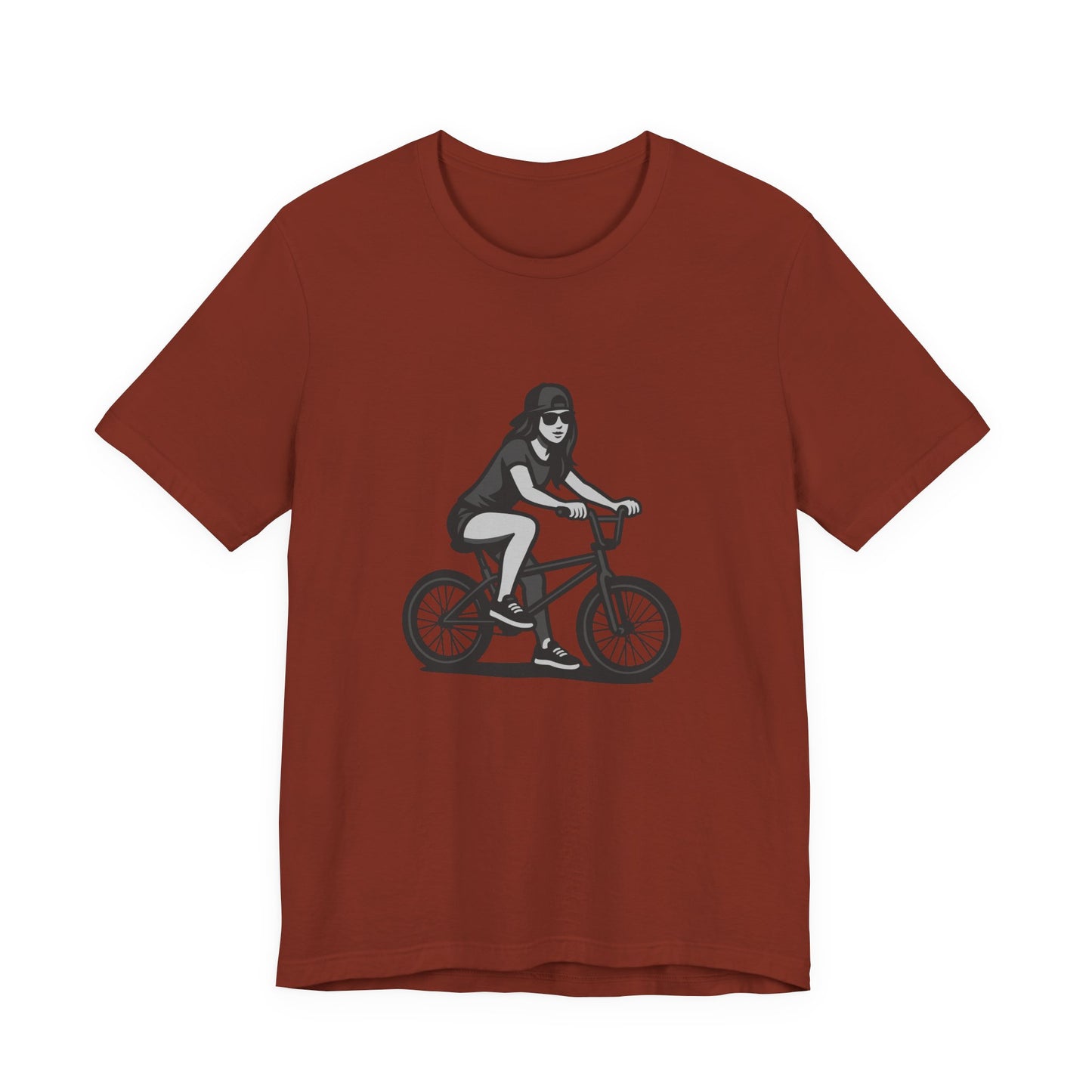 Cool Girl on Bike Graphic T-Shirt – Laid-Back Dark Theme Grayscale Rider Design on Black Tee with Street Style and Subtle Modern Ghost Effect. Unisex Jersey Short Sleeve Tee