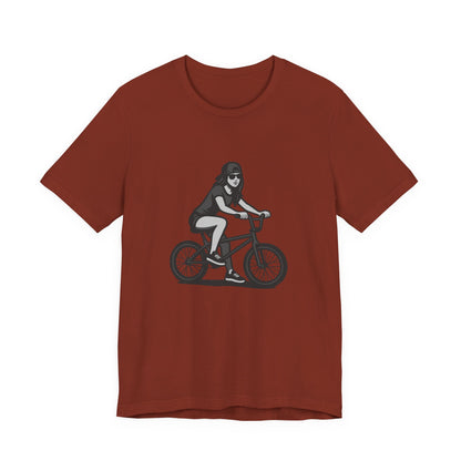 Cool Girl on Bike Graphic T-Shirt – Laid-Back Dark Theme Grayscale Rider Design on Black Tee with Street Style and Subtle Modern Ghost Effect. Unisex Jersey Short Sleeve Tee
