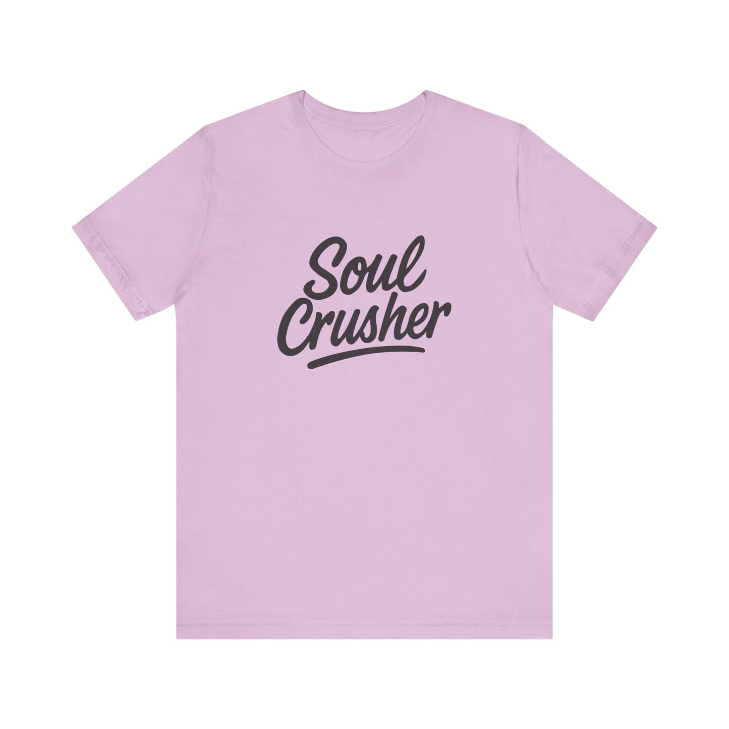 Soul Crusher Text T-Shirt – Dark Theme Grayscale Script Typography on Black Tee with Dark Energy and Modern Ghost Effect. Unisex Jersey Short Sleeve Tee
