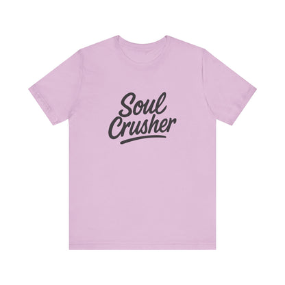 Soul Crusher Text T-Shirt – Dark Theme Grayscale Script Typography on Black Tee with Dark Energy and Modern Ghost Effect. Unisex Jersey Short Sleeve Tee