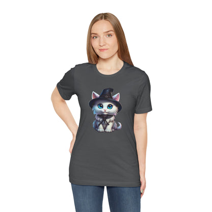 Adorable Witch Cat Halloween Shirt – Cute White Cat in Hat Graphic Tee for Cat Lovers and Halloween Fans
