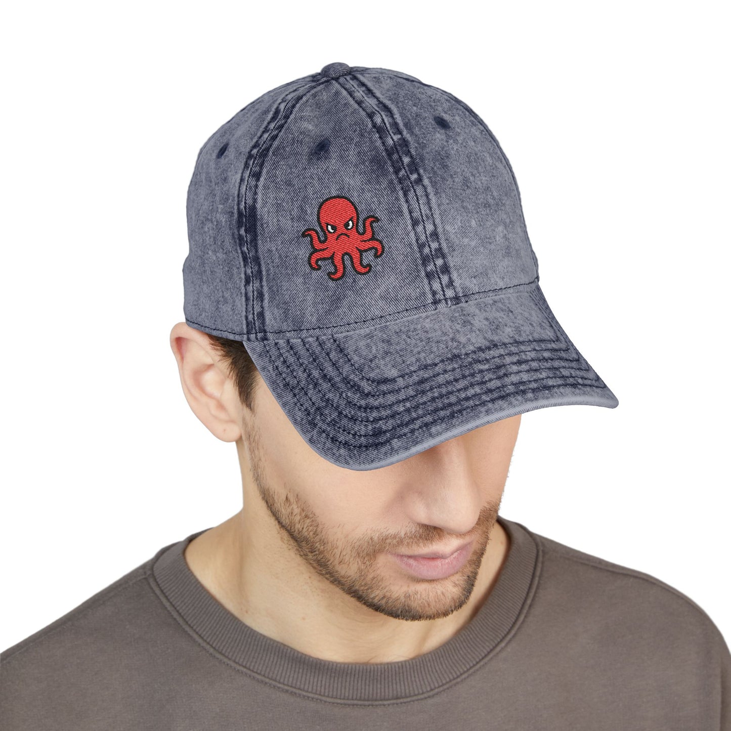Angry Octopus Vintage Hat – Embroidered Red Sea Creature Hat with Cartoon Vibes and Bold Attitude