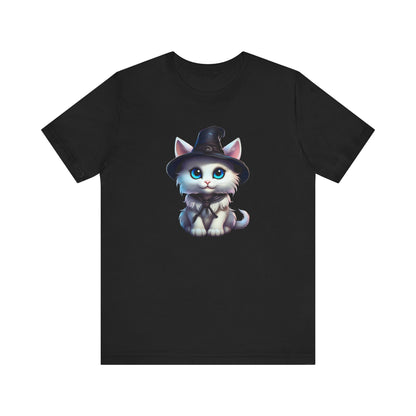 Adorable Witch Cat Halloween Shirt – Cute White Cat in Hat Graphic Tee for Cat Lovers and Halloween Fans