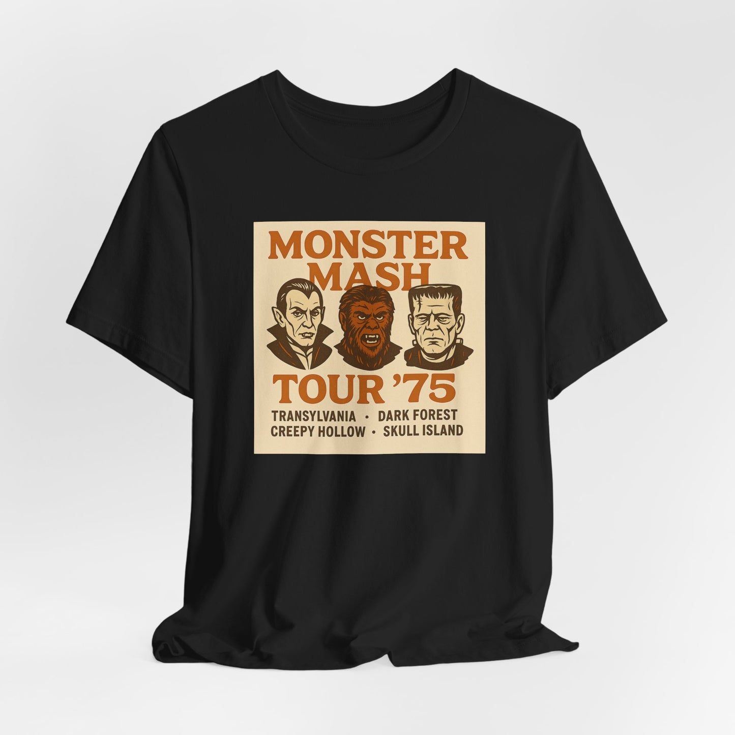 Monster Mash Tour '75 Halloween Shirt – Vintage Horror Band Tee Featuring Dracula, Wolfman, Frankenstein