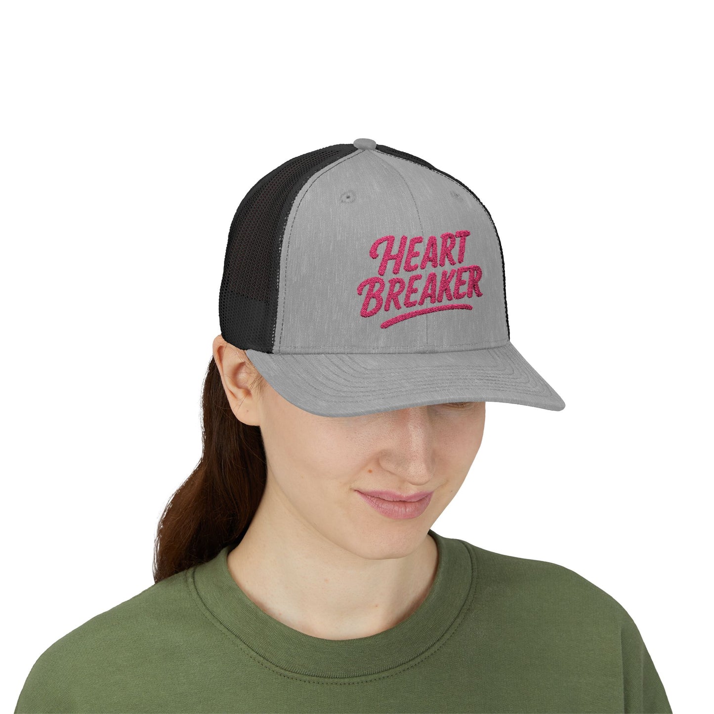 Heartbreaker Trucker Hat – Bold Baseball Hat with Retro Script and Broken Heart Design for Confident Rule-Breakers. Pink Letters
