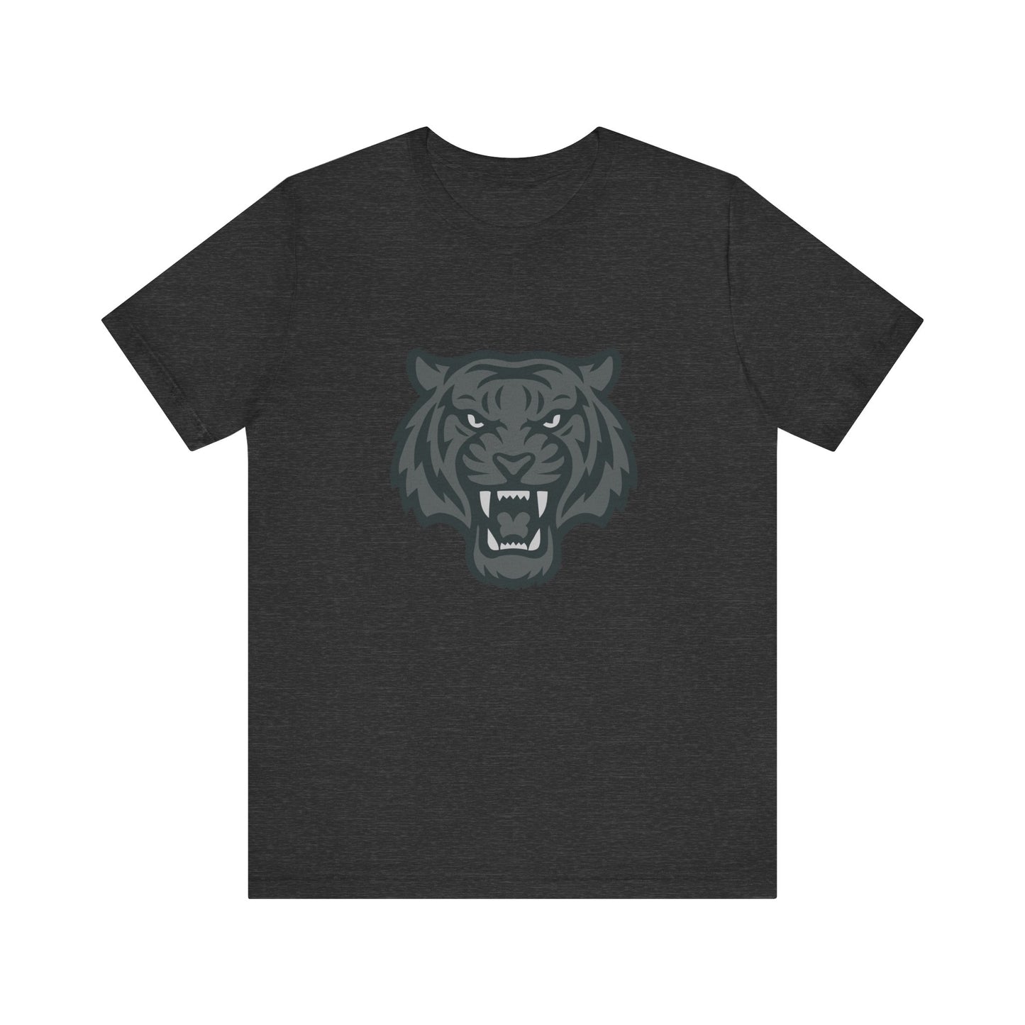 Tiger Head Graphic T-Shirt – Dark Theme Grayscale Roaring Beast Design on Black Tee with Fierce Focus and Modern Ghost Effect. Unisex Jersey Short Sleeve Tee