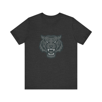 Tiger Head Graphic T-Shirt – Dark Theme Grayscale Roaring Beast Design on Black Tee with Fierce Focus and Modern Ghost Effect. Unisex Jersey Short Sleeve Tee