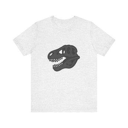 T-Rex Skull Graphic T-Shirt – Dark Theme Grayscale Dinosaur Skeleton Design on Black Tee with Prehistoric Edge and Modern Ghost Effect. Unisex Jersey Short Sleeve Tee