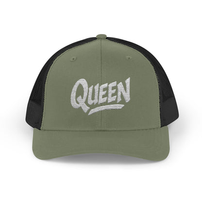 Queen Trucker Hat – Embroidered Crown Hat for Confident Women. White Letters