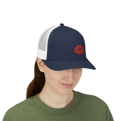 Red Lips Trucker Hat – Embroidered Pop Art Hat with Kiss Design