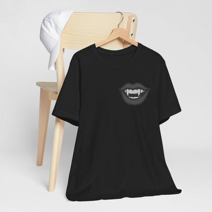 Vampire Mouth Graphic T-Shirt – Dark Theme Grayscale Fanged Lips on Black Tee with Gothic Bite and Modern Ghost Effect. Unisex Jersey Short Sleeve Tee