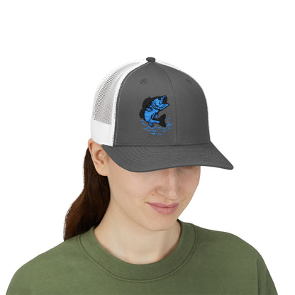 Jumping Fish Trucker Hat – Embroidered Blue Fishing Hat for Anglers, Lake Days, and Outdoor Style