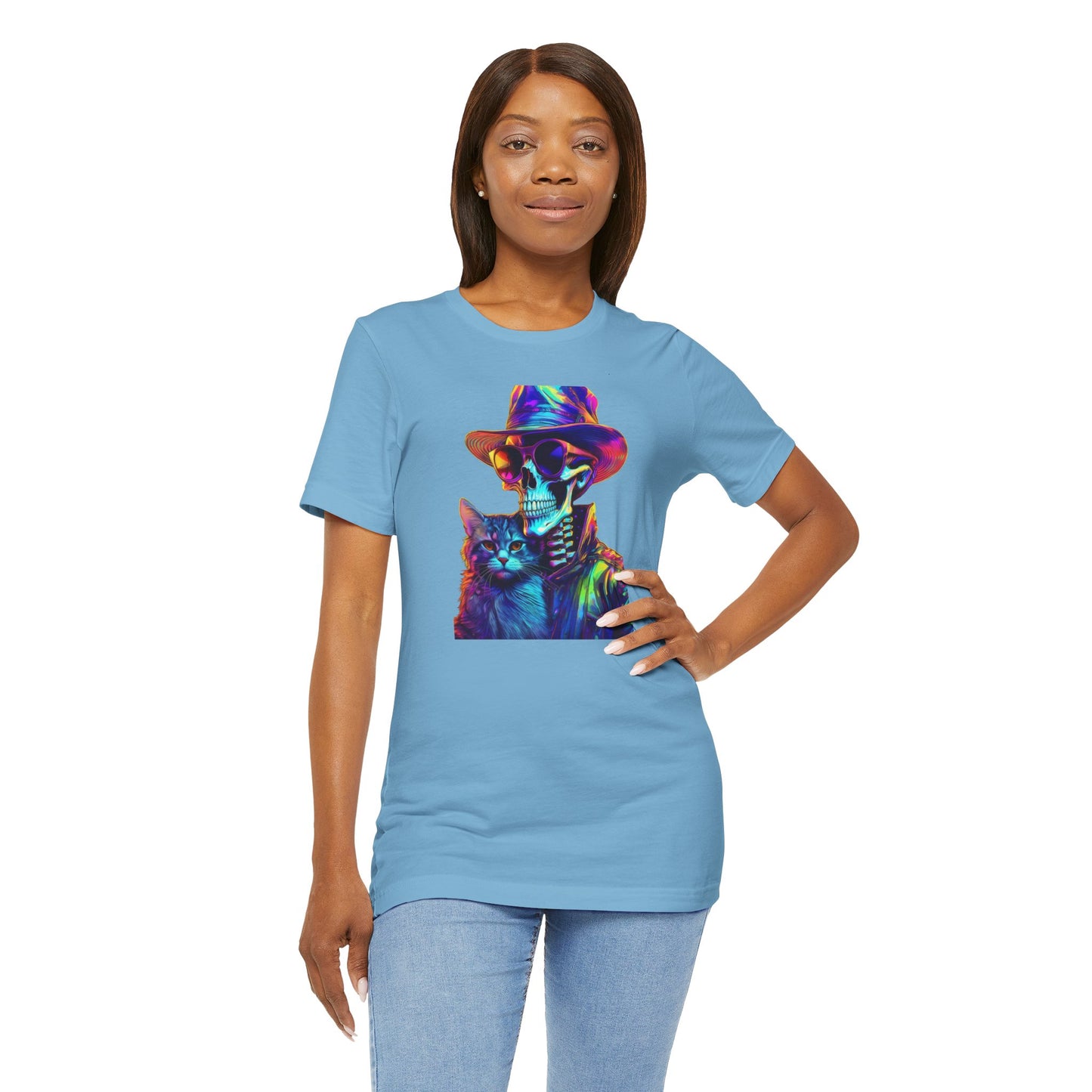 Cool Skeleton and Cat Halloween Shirt – Neon Retro Horror Graphic Tee for Spooky Style and Cat Lovers
