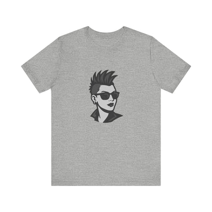 Punk Girl Graphic T-Shirt – Dark Theme Grayscale Spiked Hair Portrait on Black Tee with Bold Energy and Modern Ghost Effect. Unisex Jersey Short Sleeve Tee