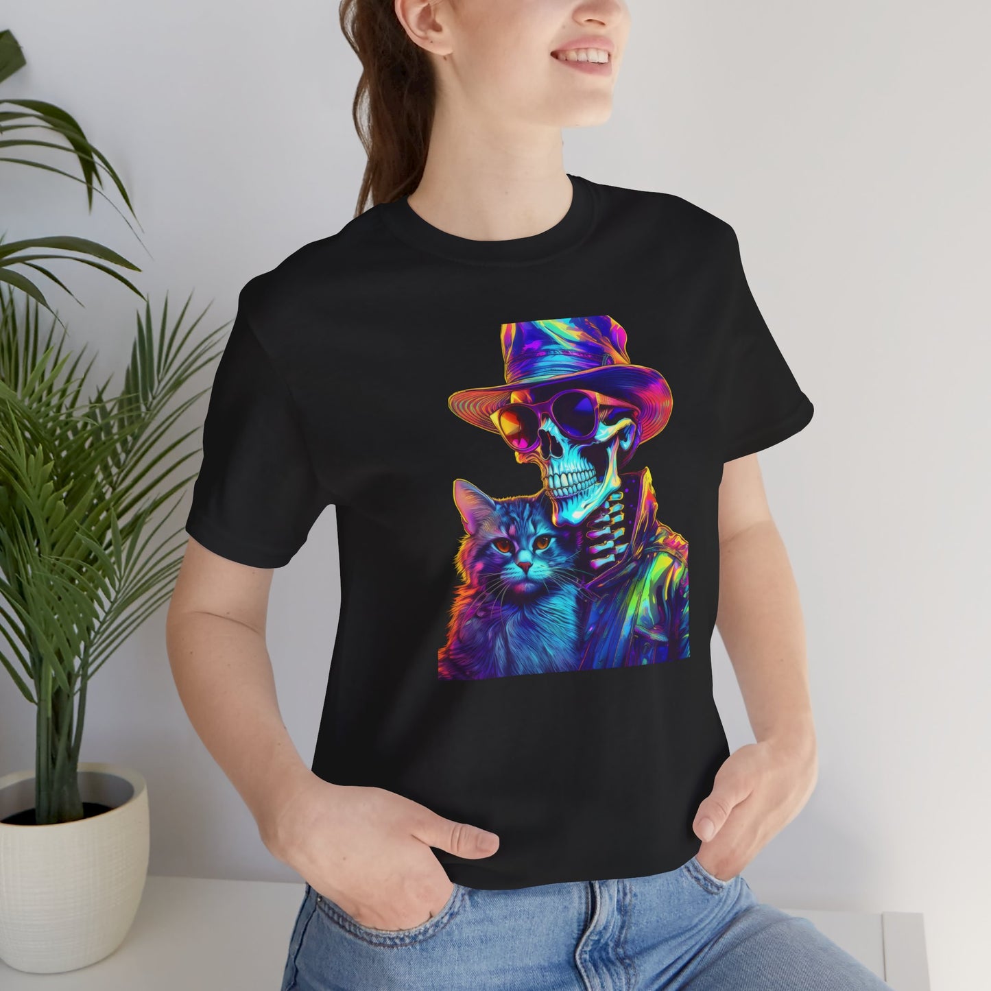Cool Skeleton and Cat Halloween Shirt – Neon Retro Horror Graphic Tee for Spooky Style and Cat Lovers