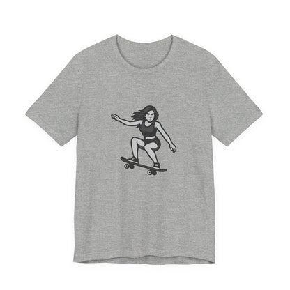 Skater Girl Graphic T-Shirt – Dark Theme Grayscale Skateboarding Design on Black Tee with Bold Motion and Modern Ghost Effect. Unisex Jersey Short Sleeve Tee
