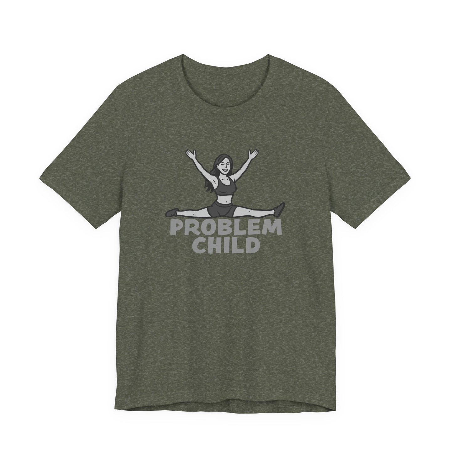 Problem Child Graphic Tee Cheerful Rebel Jump Pose in Bold Dark Theme Monochrome Style. Unisex Jersey Short Sleeve Tee