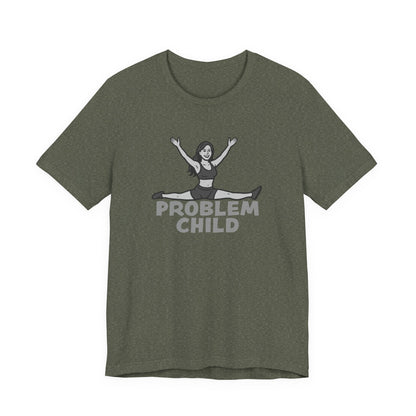 Problem Child Graphic Tee Cheerful Rebel Jump Pose in Bold Dark Theme Monochrome Style. Unisex Jersey Short Sleeve Tee