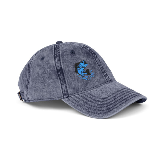 Jumping Fish Vintage Hat – Embroidered Blue Fishing Hat for Anglers, Lake Days, and Outdoor Style