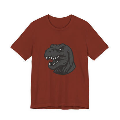 T-Rex Profile Graphic T-Shirt – Dark Theme Grayscale Dinosaur Head on Black Tee with Prehistoric Power and Modern Ghost Effect. Unisex Jersey Short Sleeve Tee
