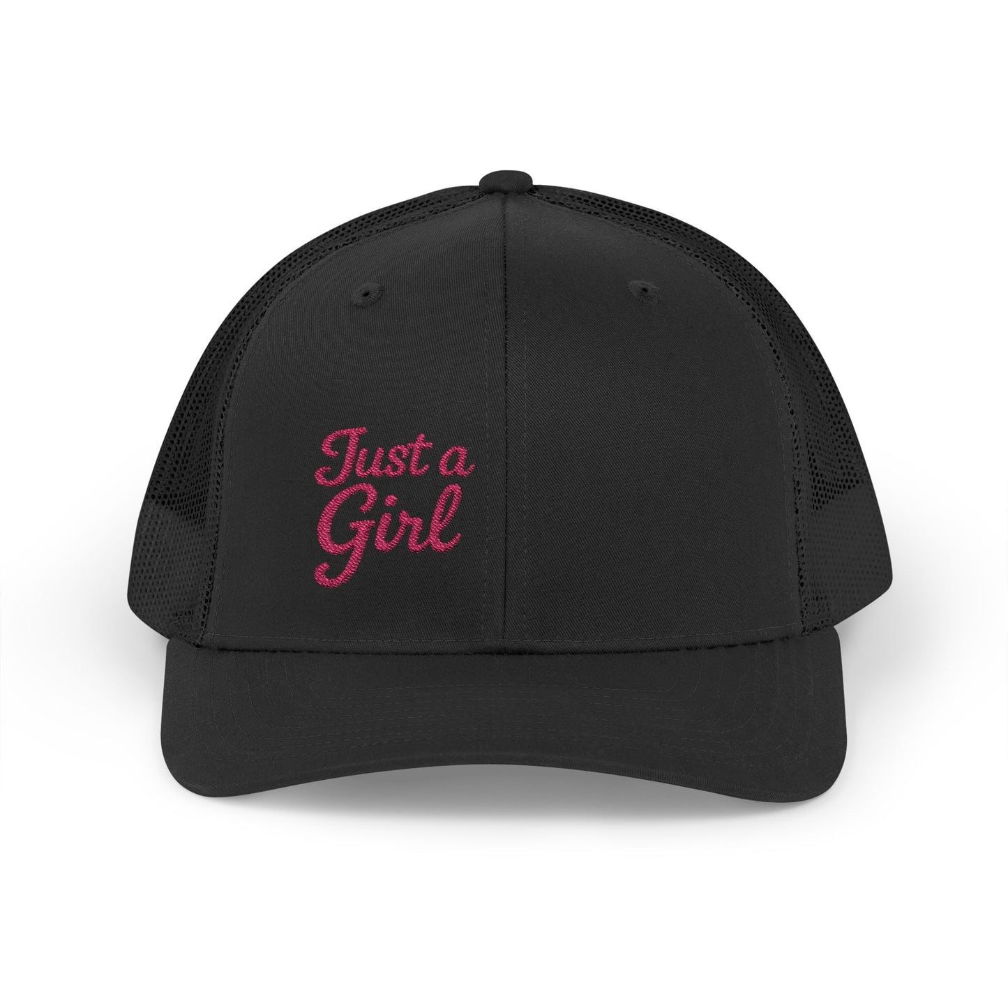 Just a Girl Trucker Hat – Minimalist Script Hat with Bold Feminine Energy and Classic Style. Pink Letters