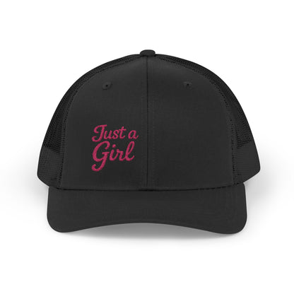 Just a Girl Trucker Hat – Minimalist Script Hat with Bold Feminine Energy and Classic Style. Pink Letters