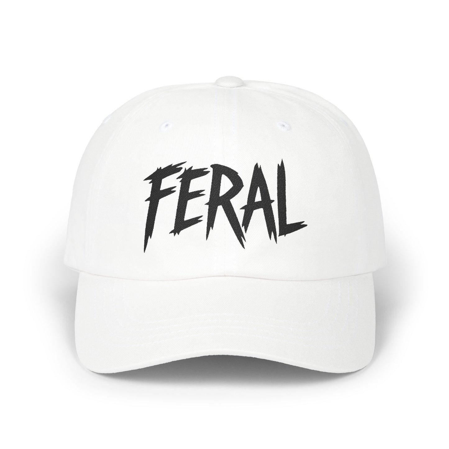 FERAL Embroidered Classic Dad Hat – Bold Statement Baseball Hat with Wild Energy Font for Rebels, Misfits, and Chaos Enthusiasts.