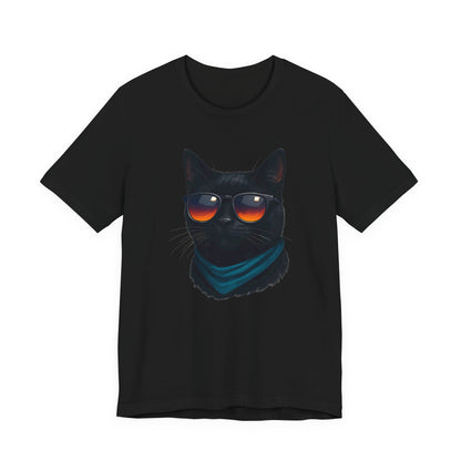 Cool Black Cat with Shades Graphic Tee Dark Theme – Retro Sunset Sunglasses Vector Design