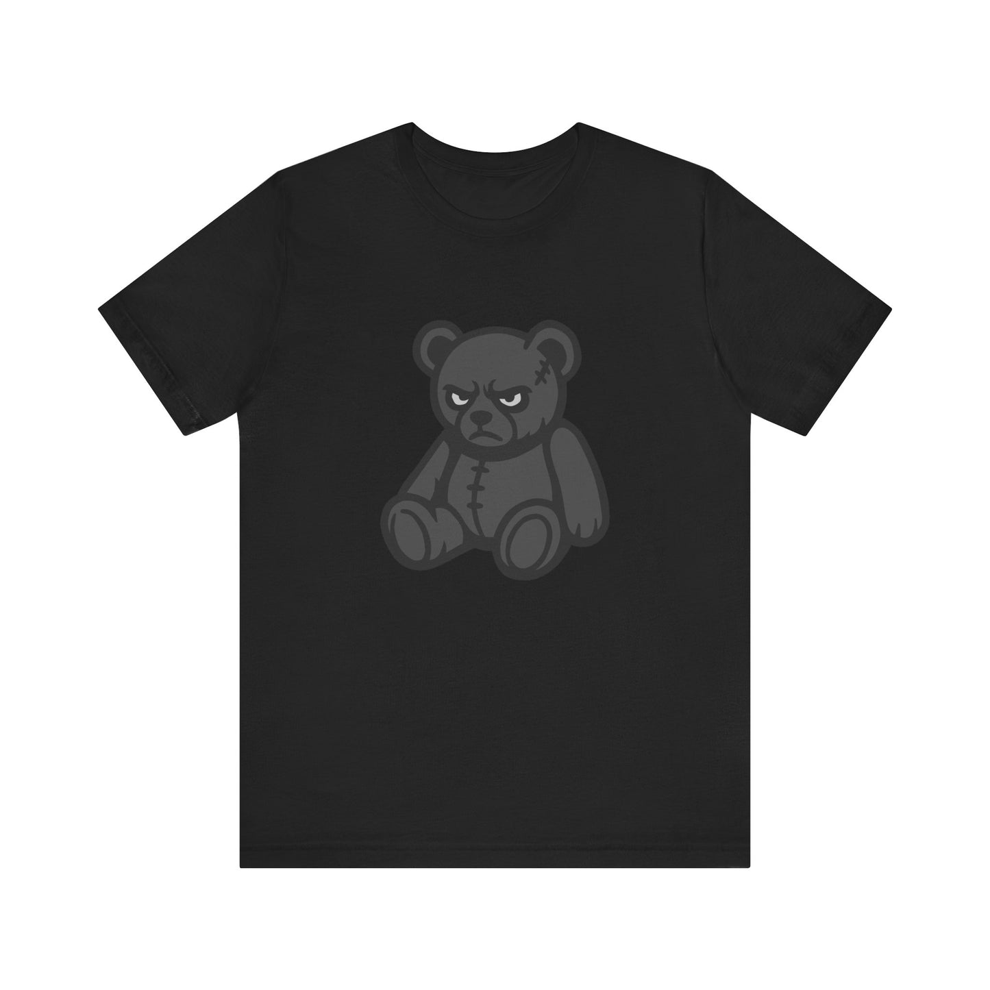 Angry Teddy Bear Graphic T-Shirt – Dark Theme Grayscale Plush with Attitude on Black Tee for Edgy or Ironic Style. Unisex Jersey Short Sleeve Tee