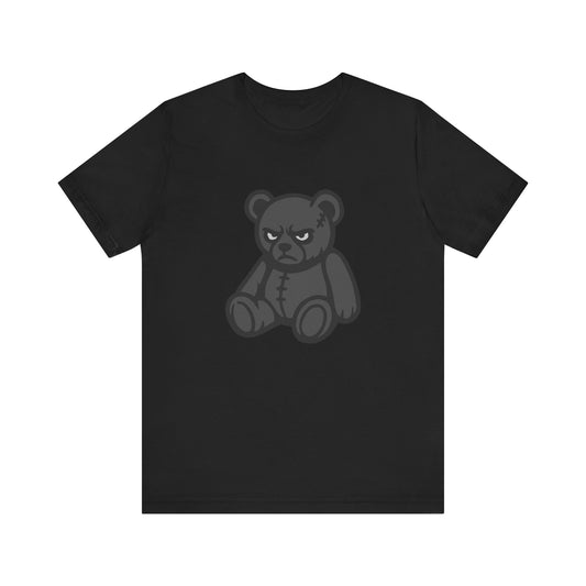 Angry Teddy Bear Graphic T-Shirt – Dark Theme Grayscale Plush with Attitude on Black Tee for Edgy or Ironic Style. Unisex Jersey Short Sleeve Tee