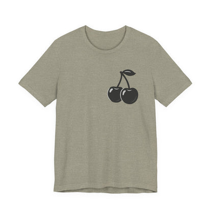 Dark Cherry Graphic T-Shirt – Minimal Dark Theme Grayscale Fruit Design on Black Tee with Subtle Style and Modern Ghost Effect. Unisex Jersey Short Sleeve Tee