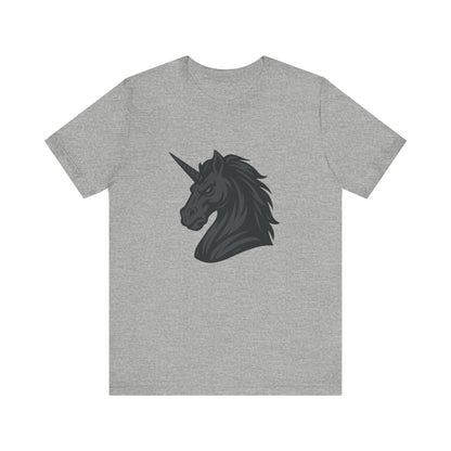 Dark Unicorn Profile T-Shirt – Dark Theme Grayscale Fierce Mythical Horse Design on Black Tee with Gothic Magic and Modern Ghost Effect. Unisex Jersey Short Sleeve Tee