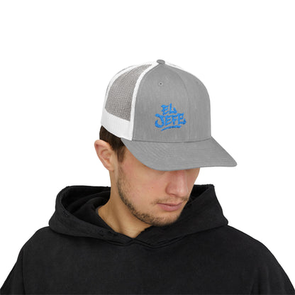 El Jefe Trucker Hat – Embroidered Bold Text Hat for Boss Energy, Leadership Style, and Latin Flair. Blue Letters