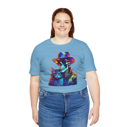 Cool Skeleton and Cat Halloween Shirt – Neon Retro Horror Graphic Tee for Spooky Style and Cat Lovers