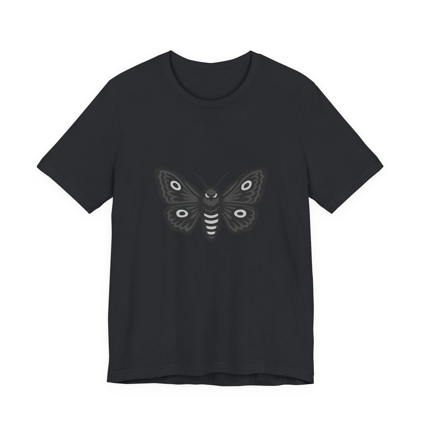 Moth Graphic T-Shirt – Dark Theme Grayscale Winged Insect Design on Black Tee with Gothic Mood and Subtle Modern Ghost Effect. Unisex Jersey Short Sleeve Tee