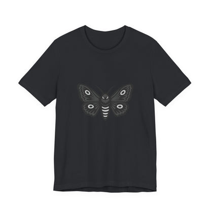Moth Graphic T-Shirt – Dark Theme Grayscale Winged Insect Design on Black Tee with Gothic Mood and Subtle Modern Ghost Effect. Unisex Jersey Short Sleeve Tee