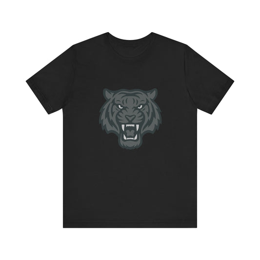 Tiger Head Graphic T-Shirt – Dark Theme Grayscale Roaring Beast Design on Black Tee with Fierce Focus and Modern Ghost Effect. Unisex Jersey Short Sleeve Tee
